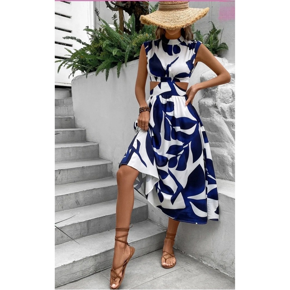 Salante Navy White Botanical Cutout Midi Dress Size M 6